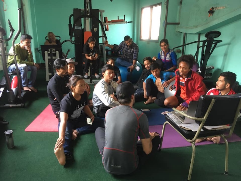 Luke Way from Balance Point Racing, educating the Nepal national team riders at the NCRR Training centre.