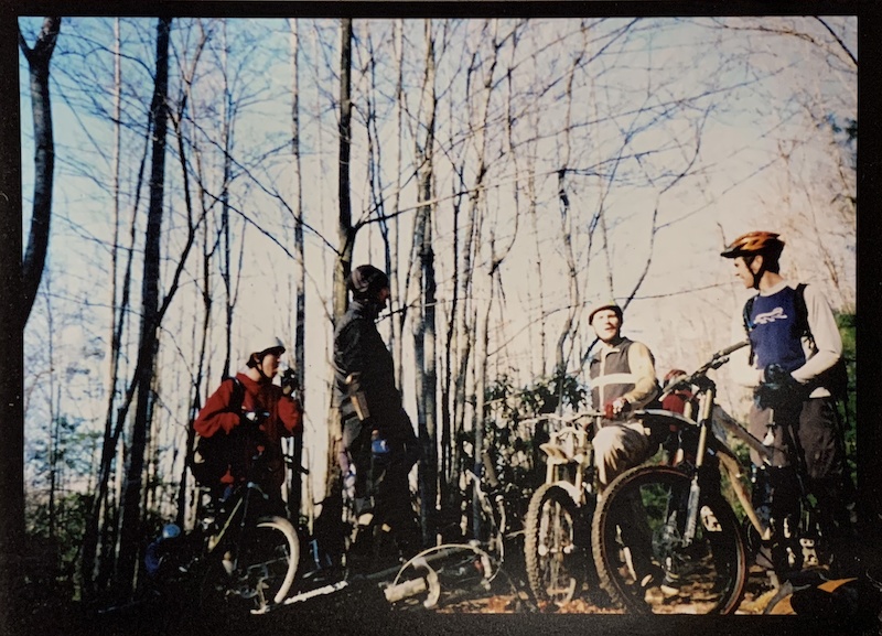 2001 Weekend at Wilson’s ride, Wilson Creek NC. Brian Tunstill, Lee McGuffey, Billy Bad Ass, and myself, photo by Jesse ‘the Dude’ Hooks. Big bikes with dual crowns and triple chainrings! The Banshee Scream with Monster T was a rad setup.