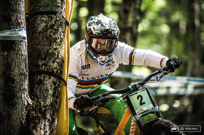 Kye A'Hern keeping it tight to the trees in the World Champs jersey he won the previous weekend in Mont Sainte Anne.