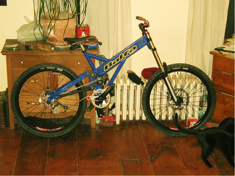 this is my 08 race bike. balfa bb7 frame, boxxer team, shimano hone cranks, xt rear derailleur, stans notubes flow rims laced to tioga carbon dh hubs. protaper bars. brakes and pedals on the way.