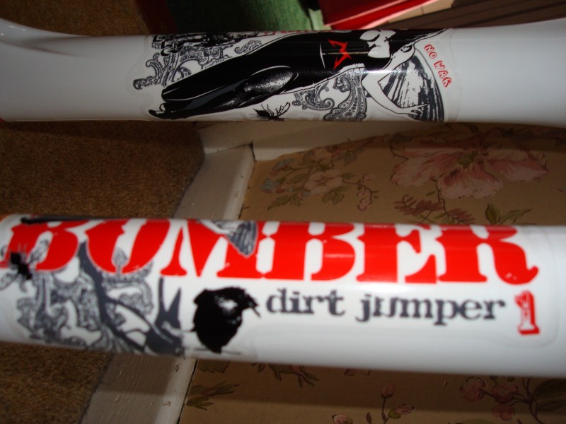 The left leg of the marzocchi dirt jumper 1. the protective film is still over the stickers
