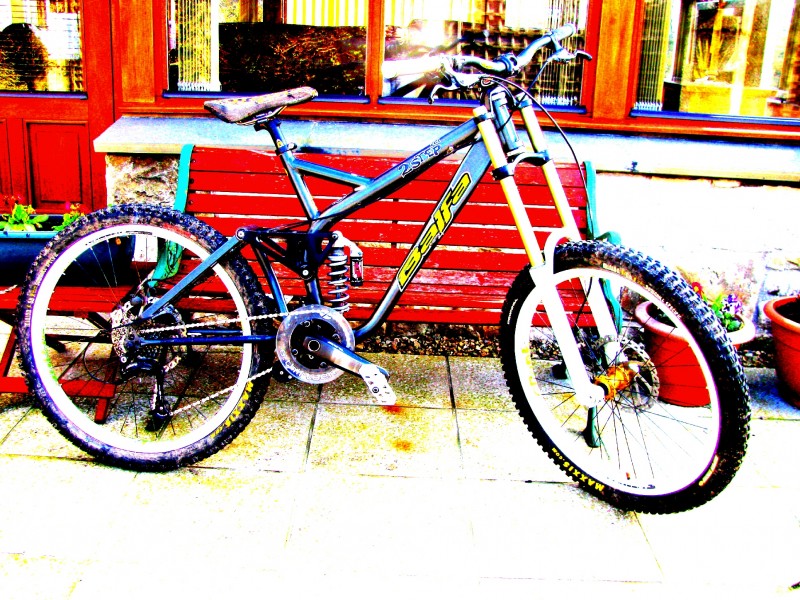 My new trusty steed. Balfa 2Step-HD swapped my yeti for her R.I.P

Still got my wheelset. gusset slimjims Forks a 06 boxxer team, 5th element shock, hayes 9s, sdg seat, easton bar stem combo/seatpost, saint cranks.