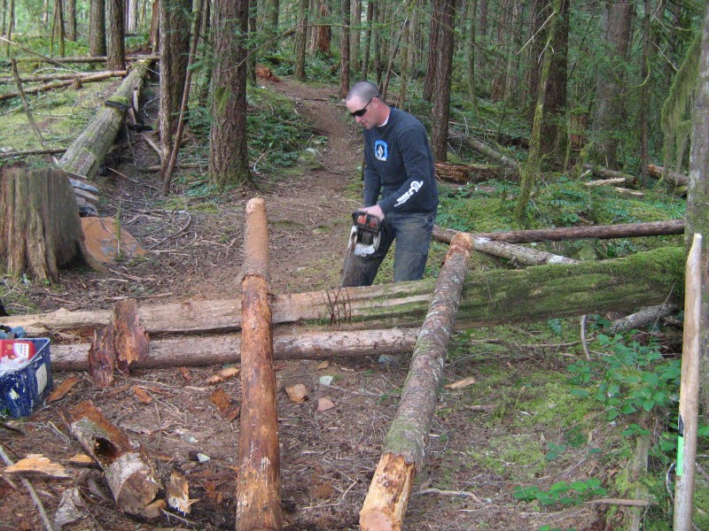 The before pic as Steve notches the log for the stringers.
