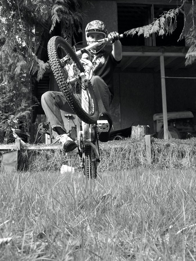 just out riding in the yard, black white version