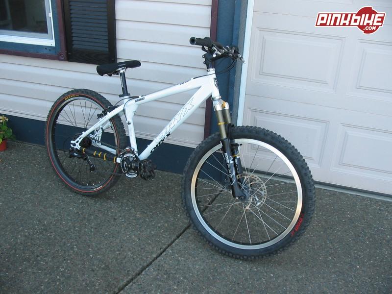 2004 Oryx Desert Dueler 33 with Alex Supra-E laced to a Formula disc hub that has a stout 26 by 2.6 in front and a Maxxis Mofo DH 26 by 2.35 and it also has intense lock on grips but every thing else is stock on it soon to have Avid 6 inch Rear Mech disc brake and 2004 Marzocchi DJ3 with reg drop outs.