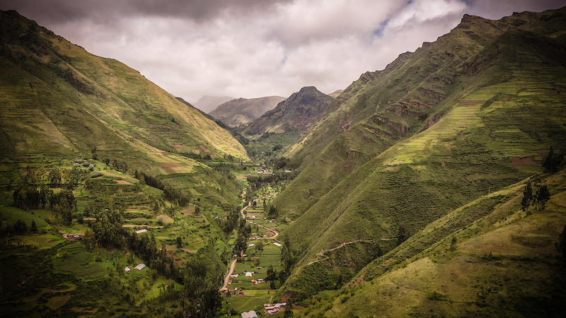 A view of the Lamay creek in the Sacred Valley of the Incas. Green and cloudy, usual settings of the rainy season.