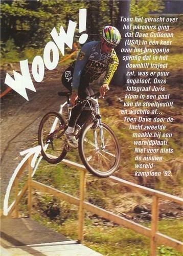 Cully's infamous bridge jump in the '92 World Championships. Looks to be during practice, judging by the jersey.