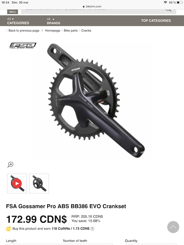 2021 FSA Gossamer Pro ABS BB386 EVO Crankset With BB For Sale
