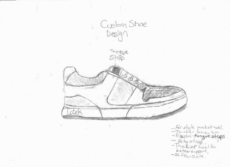 Got bored, and designed my own shoe. If got into production. *wishes* haha, it would feature: Air pocket style heel for better cushion, thicker toe area for brakeless riding, elastic tongue straps for a tighter feel, Thicker heel and ankle area for better support,  a stiffish sole and buit in straps for people who like to tuck in there laces so they wont't move and bug your feet like mine.
