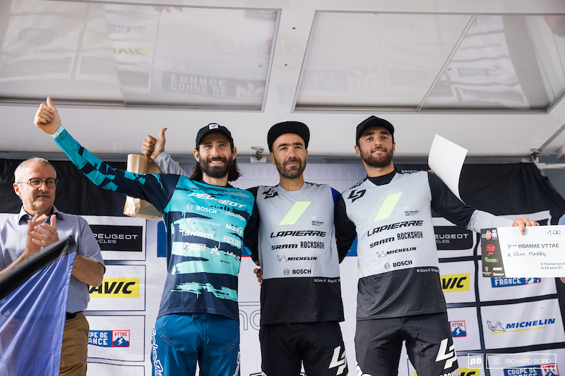 Podium of the E-MTB French Cup #3 : 1st Nico Vouilloz, 2nd Yannick Pontal, 3rd Kevin Marry