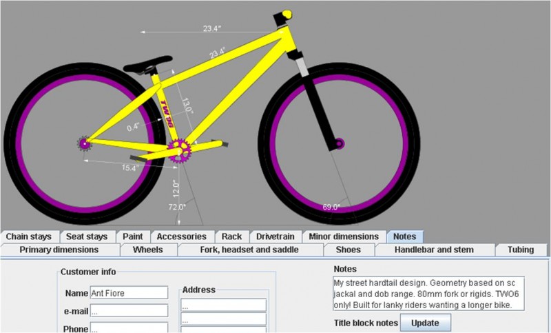 street/dj hardtail designed using bike cad. long frame for tall riders, based on the geo of a santa cruz jackal and dobermann pinsher. 80mm travel or rigid forks. TWO6 wheels only. colours were only quick.
this is my first design using the program, what do you think?