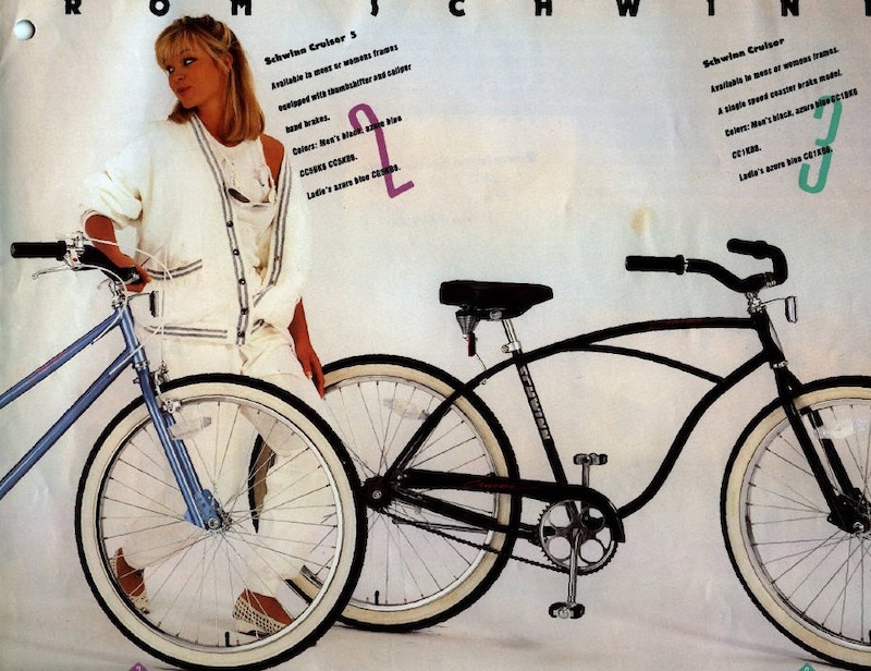 ad from 1986 Schwinn catalog, that's my Cruiser I just got this morning. I swapped the foam covered bars for some old Moose ATV bars