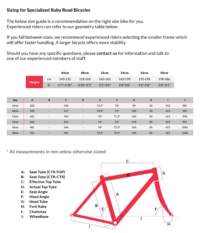 Specialized ruby size discount chart