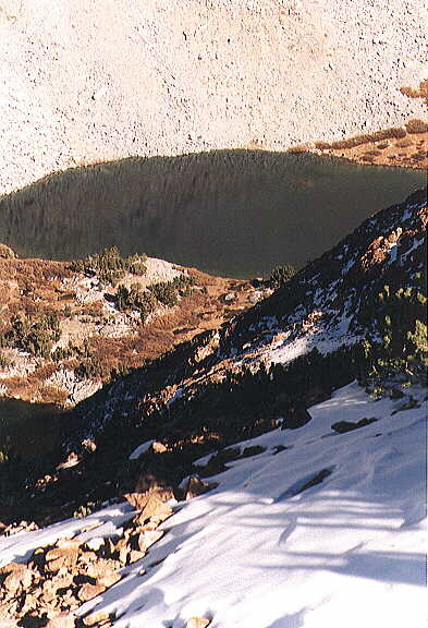 A view down into the Chocolate Lakes, from the summit of Chocolate Peak.