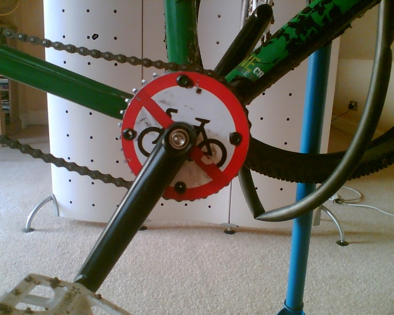 made this sproket outa a a no cycling sign the pigs used to try to stop us riding... yes it does work... kinda