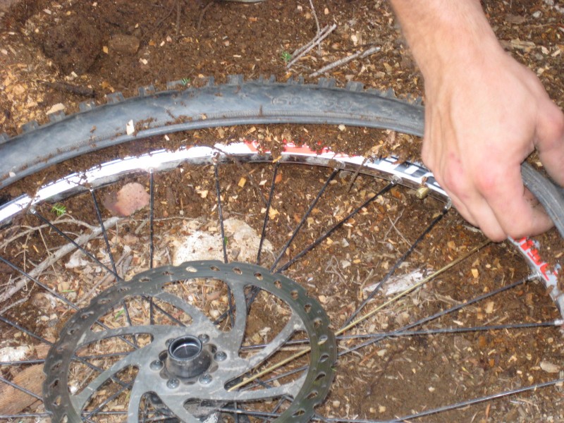 Using saw dust to fill the tire in order to finish the ride.