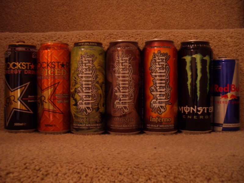 Rockstar energy drink and Rockstar Juiced + Energy, Relentless Origin, Inferno and Juiced Energy. Monster Energy and Red Bull.