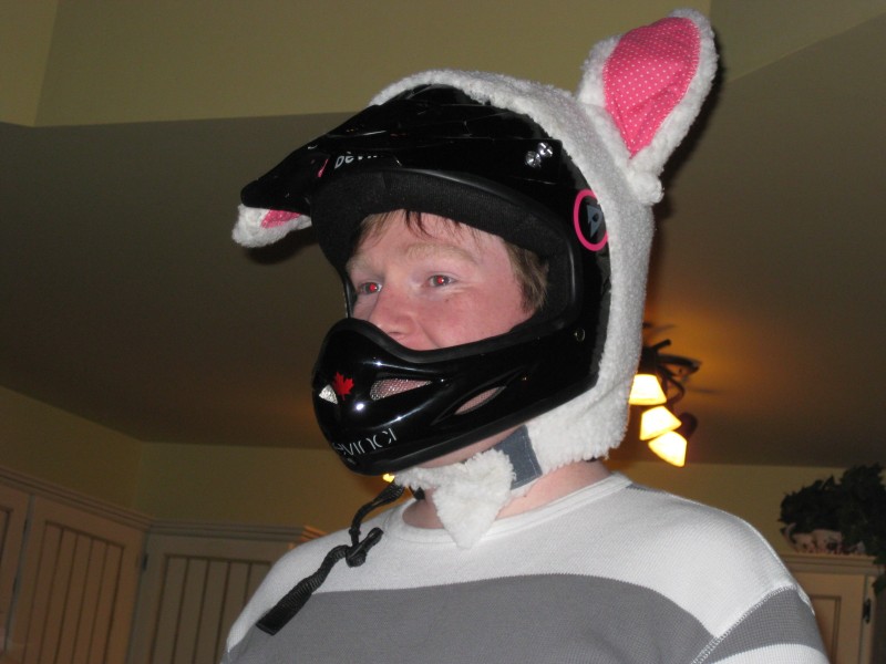Scott goofing around and saying he was gonna rock a bunny hat at Bromont.