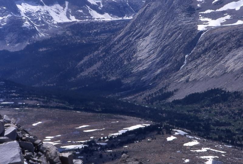 Upper French Canyon, viewed from French/Humphreys divide.  Waterfall at right is outlet of Royce Lakes Basin.