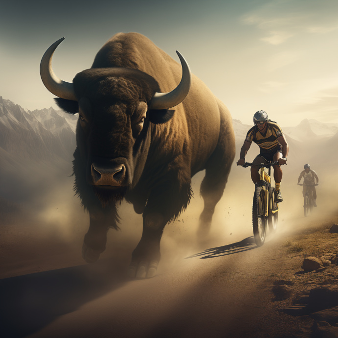 Mountain Biker riding next to a Buffalo