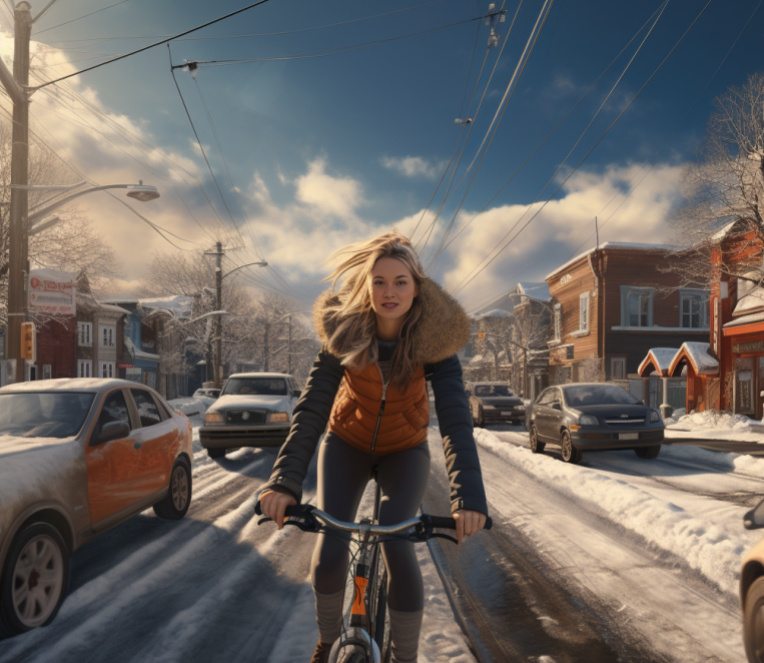 AI-generated image of a woman riding her bike to work in winter
