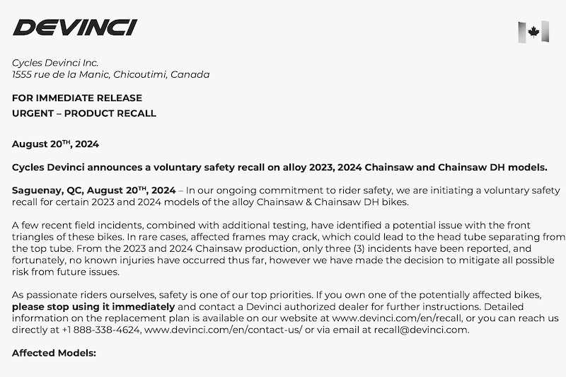 Devinci Recall 2023-2024 Chainsaw and Chainsaw DH Alloy Models - Pinkbike