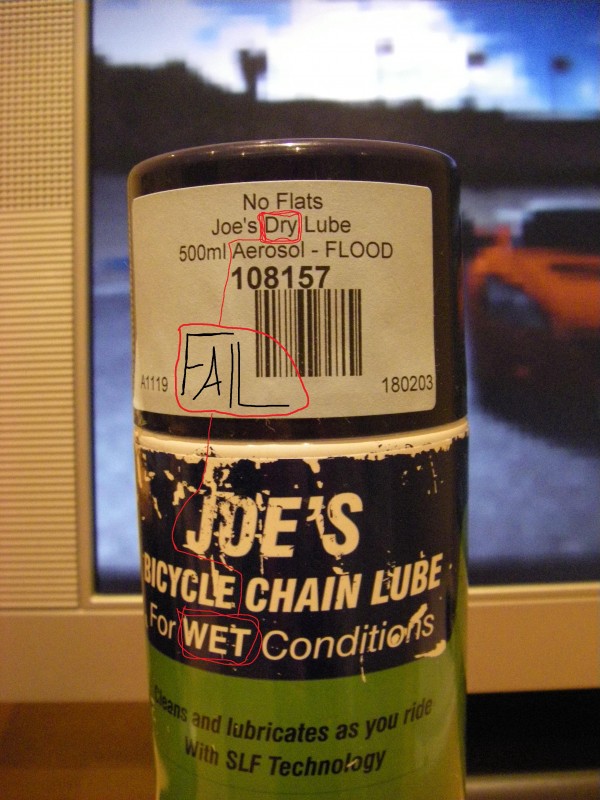 CRC flood fail
ordered dry lube (http://www.chainreactioncycles.com/Models.aspx?ModelID=22207),
received wet lube, labelled as dry lube