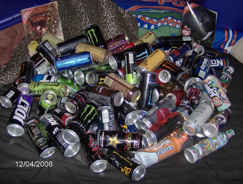 ALL THE ENERGY DRINK CANS IVE BEEN COLLECTING FOR ABOUT A YEAR OR SO ITS OVER 100 I DINT FEEL LIKE COUNTING FOR REAL