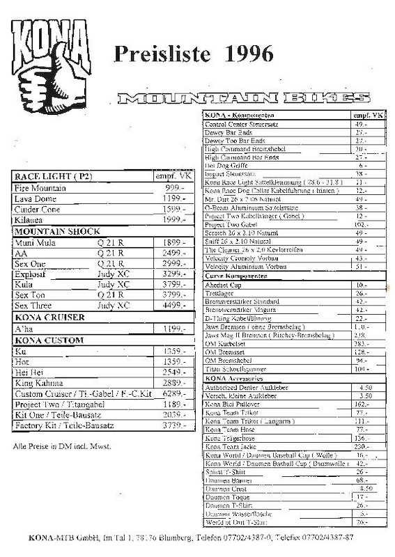 1996 Kona Catalog rpice list germany