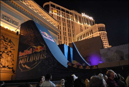 Red Bull New Years No limits 2009 at Las Vegas.Robbie Maddison's motorcycle jump on the Arc de Triumphe