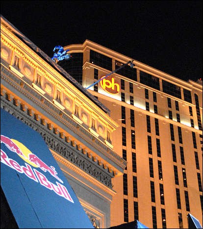 Red Bull New Years No limits 2009 at Las Vegas.Robbie Maddison's motorcycle jump on the Arc de Triumphe