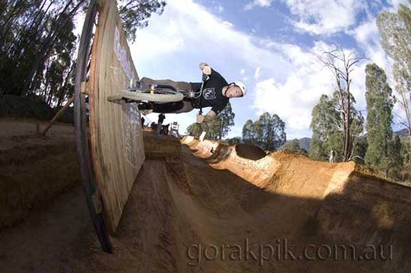 Pic of Jordan Kolb riding at Mount Beauty Mountain Bike Park on the Red Bull Dirt Pipe.Found on the Internet.