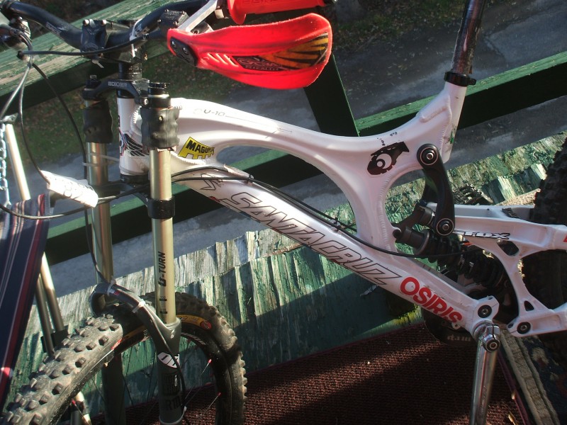 another shot of the v-10 race ready  showin all the tags of my very supportive sponsers  Osiris, Magura, ODI, and Intense tires