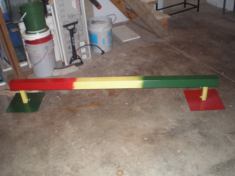 did a shitty job, but painted my neighbours rail rasta colours in 2 directions. (rail, and then rail leg base are both the flags)