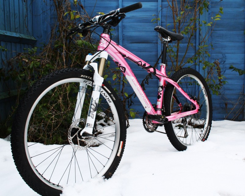 My own 'Pink Bike' :)...Women's specific '09 Big Sur: Fox F100RL with 100mm travel, custom G2 Geometry 46mm offset crown, air spring and external rebound adjustment, Shimano SLX groupset with shaddow rear mech, Avid Juicy 3's, Bontrager Race Lite bars, Bontrager Stem- with carbon spacers, Bonty Duster rims, Shimano clipless pedals etc