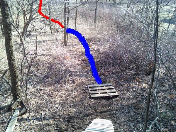 The blue is where I'm planning to put a rock/log garden, the red is the roll out to the creek gap (looking down from the top of the A-frame).