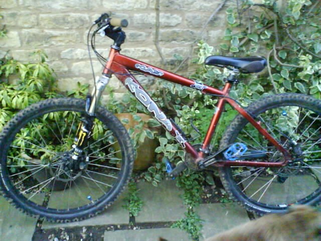 A kona roast, 6 years old baught on ebay last year, it has blue v12 pedals, and monster cans on the faulks last thing new gold grips.