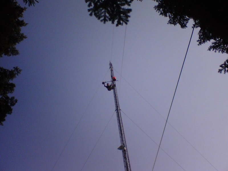Tower 1 putting up a camera, 90 foot mark.