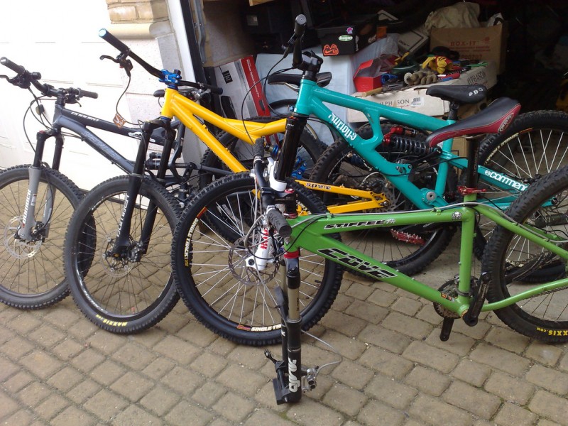Enduro, Supreme, Furious, Stiffee

Most of the contents of the garage.  Missing out the road bike and the P3, and soon to arrive BMX.