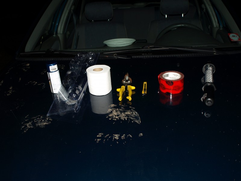 Tools needed to pass a corolla though safety inspection.

spraypaint,plastic, toilet paper and tape.