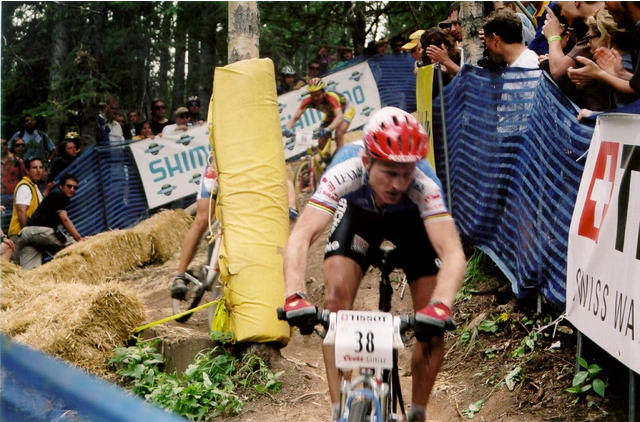 One of the pro/elite riders going down "the Chute" at the World Cup Mountain Bike Race on July 9, 2000.