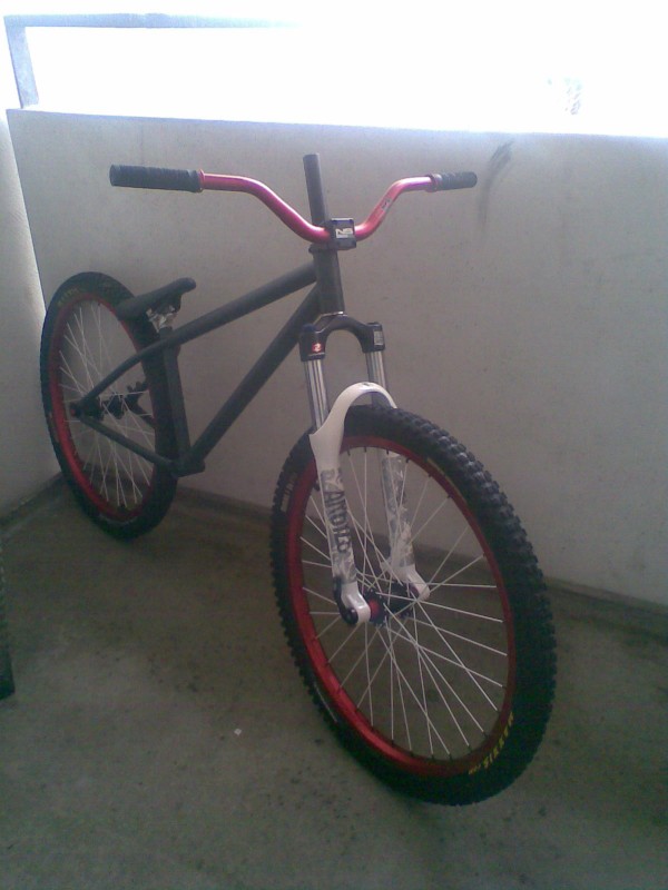 I got my new parts for a few days ago. So i desided to upload a picture of how it's going to look like! The New parts was: 2* Atomlab G.I. wheels in red, the new NS bikes 2009 Quark stem and a Black Market Bada Boom 3'' rise handlebar. I also got a Stolen Mood Ring Sproket in red and two DMR BIKES V8 Pedals in OX BLOOD RED. Hope you like it!