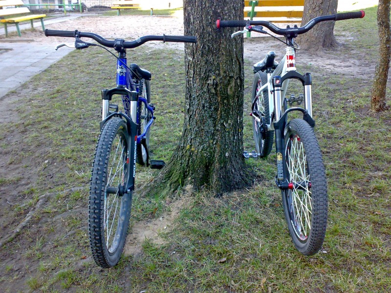 My friends (Kona Scrap) and my (Dmr Rhythm MKIII) bike with new fork. [Not using it at 160mm for now. Going to buy a new frame]