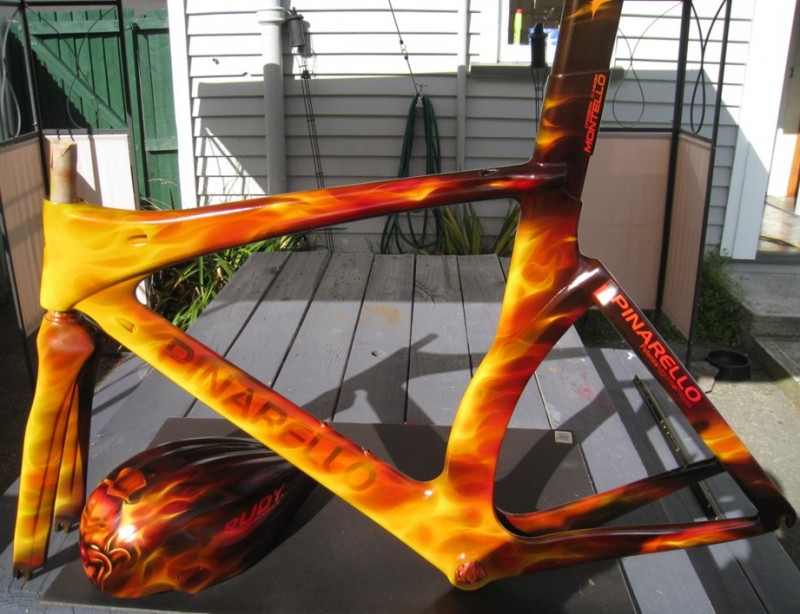 Flamed out Pinarello and helmet