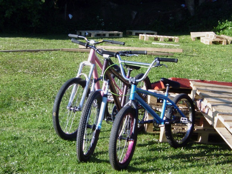 these are of our bikes,3 of them that whe stripped sprayed and rebuilt how we wanted them,
in a spankin spec one in bubble gum pink mine ,one in chocholate brown nats , one in smarty blue ian`s, and the kids bikes are bmx done in ben10 colours.