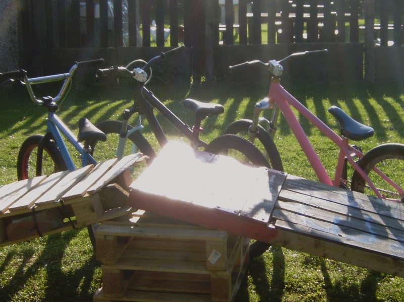 these are of our bikes,3 of them that whe stripped sprayed and rebuilt how we wanted them,
in a spankin spec one in bubble gum pink mine ,one in chocholate brown nats , one in smarty blue ian`s, and the kids bikes are bmx done in ben10 colours.