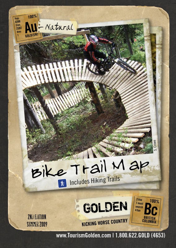 Bike Trail Map for Golden, BC's Kicking Horse Bike Park, Mount 7 DH trails, Moonraker and Canyon Creek XC trails, and hiking trails. Published by www.tourismgolden.com where you can get one FREE