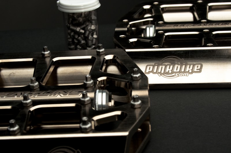 Custom Straitline Pinkbike Pedals - Nickle Plated with CrMo spindle - Custom pin layout.