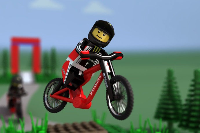 James Dick is an artist that designed an mtb inspired vitual lego set.  It's not real, but looks great.