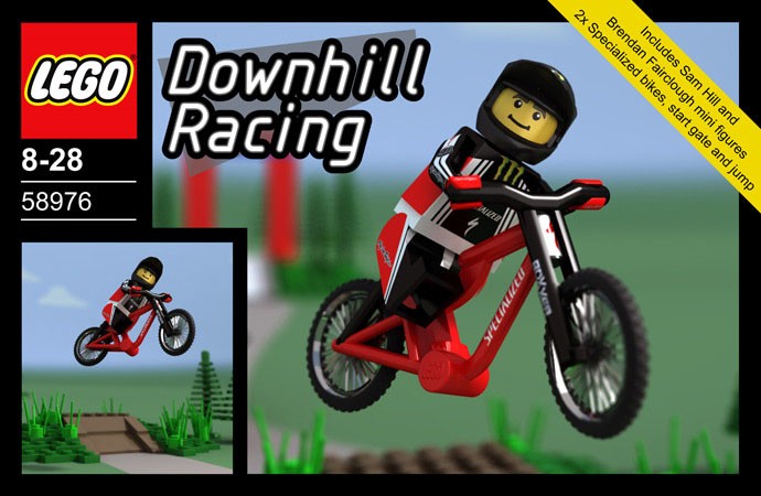 James Dick is an artist that designed an mtb inspired vitual lego set.  It's not real, but looks great.